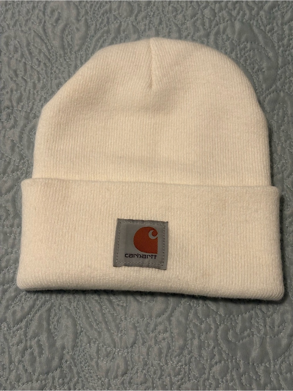 Carhartt Cream Acrylic Cuffed Beanie with Orange Logo Patch